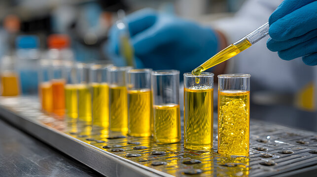 A laboratory technician performs quality control testing of enriched uranium using pipettes and test tubes filled with yellow liquid for analysis and inspection