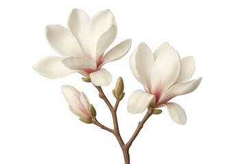 Obraz premium Magnolia flowers and buds blooming gracefully on a branch, isolated against a transparent background, capturing the essence of spring