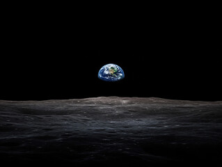 A view of planet Earth rising above the moon’s barren surface under a starry night sky. The image conveys space exploration and wonder.

