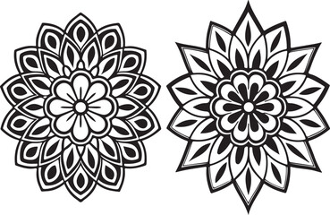 Fototapeta premium Two detailed black and white mandala vector illustrations against a white background.