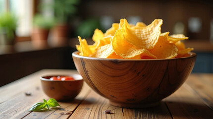 Crispy Potato Chips in Rustic Wooden Bowl with Red Dip