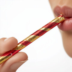 Woman celebrating New Year while blowing a party blower with festive colors  