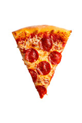 Delicious pepperoni pizza slice with melted cheese isolated on transparent background