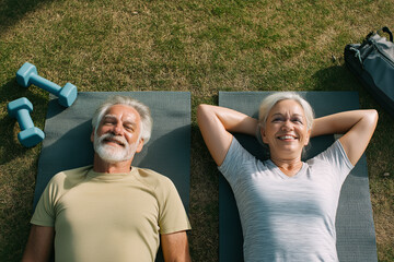 Relaxed Senior Couple in Green Garden: Capturing a tranquil scene of a senior couple enjoying the sun and fresh air post-workout.