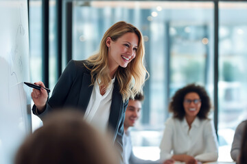 Business Presentation: A confident presenter in a business setting, engaging with her audience and illuminating complex concepts on a whiteboard. The image highlights leadership and teamwork.
