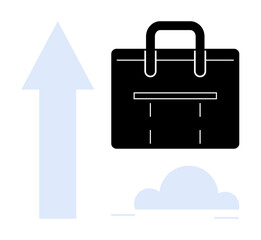 Minimalist black briefcase symbolizes work while a rising blue arrow suggests progress and success. Ideal for business, leadership, career growth, opportunity, ambition, strategy, simple flat