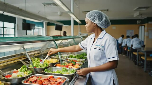 school cafeteria worker smiling. canteen buffet for kids. Healthy eating, balanced meal. food service.