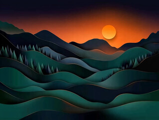 Stylized paper-cut artwork of hilly landscapes and pine trees under an orange sun. Clean design with layered shadows creates depth and warmth.

