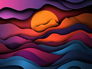 Stylized paper-cut artwork of hilly landscapes and pine trees under an orange sun. Clean design with layered shadows creates depth and warmth.


