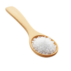 Natural wooden spoon, crafted from light-toned maple wood with elegant grain, ergonomically shaped and filled with coarse white sea salt. Centrally placed on a transparent background with bright