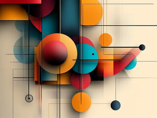 A modern composition of colorful circles and lines over a beige background. Abstract geometric art with vibrant balance and contrast.

