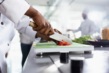 Culinary professional cutting a red bell pepper and preparing fresh ingredients for a gourmet dish....