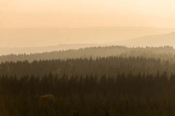 View from a top of the Ore Mountains in Czech Republic at sunset