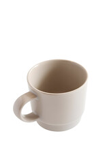 A simple beige ceramic mug with a handle isolated on transparent background
