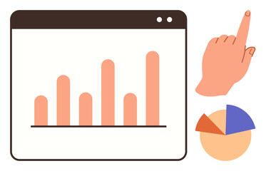 Bar graph in a browser window, pie chart, and hand gesture symbolize data interpretation and analytics. Ideal for technology, finance, education, research, marketing, decision-making business
