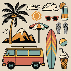 Retro summer vacation vector illustration featuring beach sunset, palm trees, surfboard, ice cream, sunglasses, flip-flops, tropical drink, and vintage motel van in nostalgic 1980s style