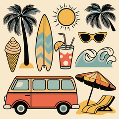 Retro summer vacation vector illustration featuring beach sunset, palm trees, surfboard, ice cream, sunglasses, flip-flops, tropical drink, and vintage motel van in nostalgic 1980s style