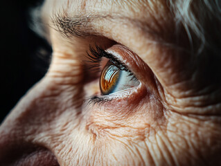 Macro image of an elderly woman's eye with visible wrinkles and skin texture. The eye’s vibrant blue-green iris contrasts the warm, aged skin.

