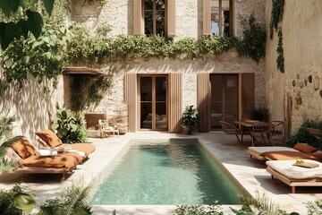 Stylish Italian villa with rustic stone walls and wooden shutters, narrow swimming pool in courtyard