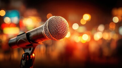 Stand-up comedy microphone in spotlight with blurred crowd and vibrant comedy club atmosphere behind
