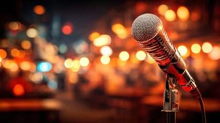Stand-up comedy microphone in spotlight with blurred crowd and vibrant comedy club atmosphere behind