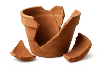 Clay pot broken in several pieces, isolated on transparent background, representing concepts such as loss, damage, and fragility