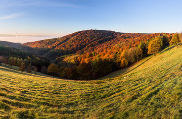 Morning mood over a foggy autumn landcape in the mountains