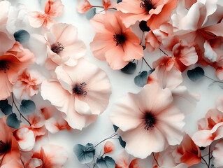 A soft and elegant watercolor-style floral illustration featuring delicate pink, peach, and coral flowers with muted green-blue leaves. The flowers are gently scattered over a pale background, giving 