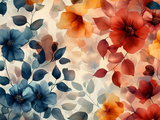 A soft and elegant watercolor-style floral illustration featuring delicate pink, peach, and coral flowers with muted green-blue leaves. The flowers are gently scattered over a pale background, giving 