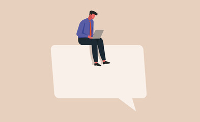 Businessman sitting on a large empty speech bubble while using a laptop, concept of mindful communication, thoughtful response, and digital workplace messaging, flat vector illustration