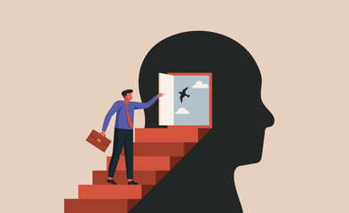 Businessman walking up stairs into a human head silhouette, opening a door that reveals a bright sky and a flying bird, concept of open mindedness, personal growth, flat vector illustration