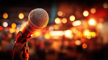 Stand-up comedy microphone in spotlight with blurred crowd and vibrant comedy club atmosphere behind