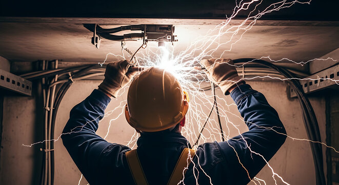 Electrician performing maintenance with visible electric sparks or shock effects