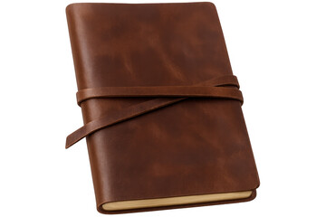 Vintage leather-bound journal secured bystrap, resting on transparent surface, embodying minimalist writing inspiration