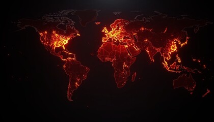 Global disease spread visualization powered by AI, glowing red-orange hotspots on dark map