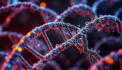 3D render of AI-controlled nanobots repairing DNA strands, glowing blue-orange particles, hyper-detailed molecular structure