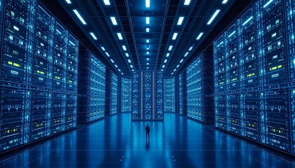 Massive quantum data center with floating servers, isometric perspective, cool white-blue lighting