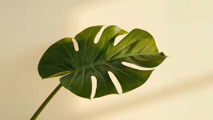 Breathtaking Ultra-High Resolution Close-up of a Vibrant Green Monstera Deliciosa Leaf on a Soft Beige Background