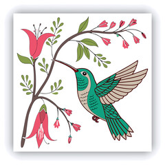 Giant Hummingbird, Patagona Gigas, golden brown bird in flight with a long beak next to pink flowers.