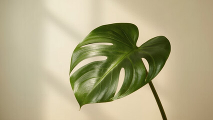 Captivating Close-up of a Lush Green Monstera Leaf with Natural Sunlight and Shadows on a Soft Beige Background