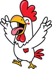 Cartoon rooster celebration pose, cheerful white chicken character, red comb and tail feathers, tongue out, raised wings, yellow beak, vector illustration, farm animal icon