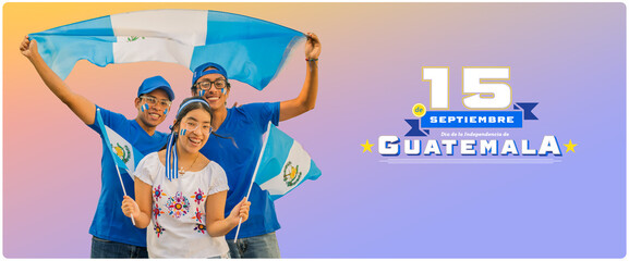 Portrait of young Latinos waving Guatemalan flags on a colored background.