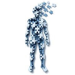 A metaphor for dementia or memory loss, showing a person made of jigsaw puzzle pieces dissolving and losing parts of themselves

