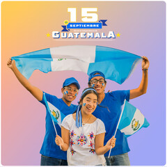 Portrait of young Latinos waving Guatemalan flags on a colored background.