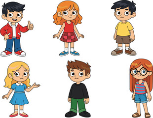 Cartoon diverse character set, six colorful outfits and hairstyles, thumbs-up and friendly expressions, standing poses, playful style, vector illustration, casual human design