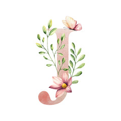 Watercolor letter J with floral ornament and soft foliage, gerbera, chamomile, echinacea. Delicate hand drawn butterfly and botanical elements in elegant.Transparent PNG, perfect for wedding monogram