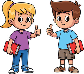 Cartoon student characters thumbs-up pose, boy and girl holding red books, smiling expressions, casual outfits, educational theme, vector illustration, school mascot design