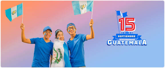 Portrait of young Latinos waving Guatemalan flags on a colored background.