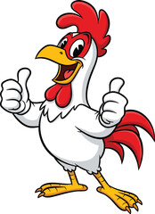 Cartoon rooster thumbs-up pose, cheerful chicken character, white body, red comb and tail, yellow beak and feet, farm mascot, vector illustration, expressive design