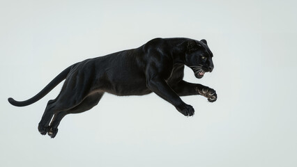 Majestic Black Panther Mid-Air Leap with Open Mouth on a Clean White Background - Intense Wildlife Action